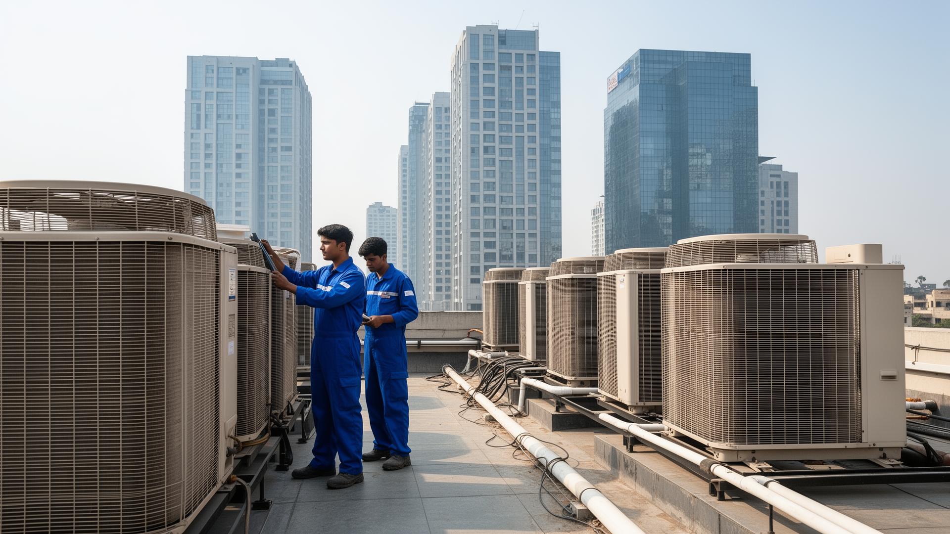 Technicians maintaining commercial HVAC systems on office building rooftop in Delhi NCR