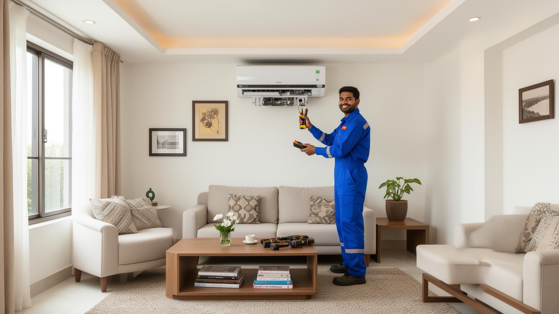 Technician servicing a split AC unit inside a home in Delhi